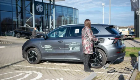 Ładowanie samochodu elektrycznego MG przy stacji ładowania przed salonem MG